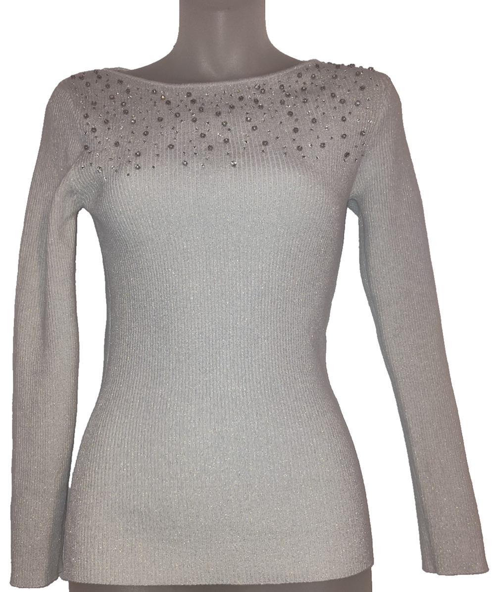 REBA Women’s Gray Beaded Fitted Style Knit Sweater Size Small BG19